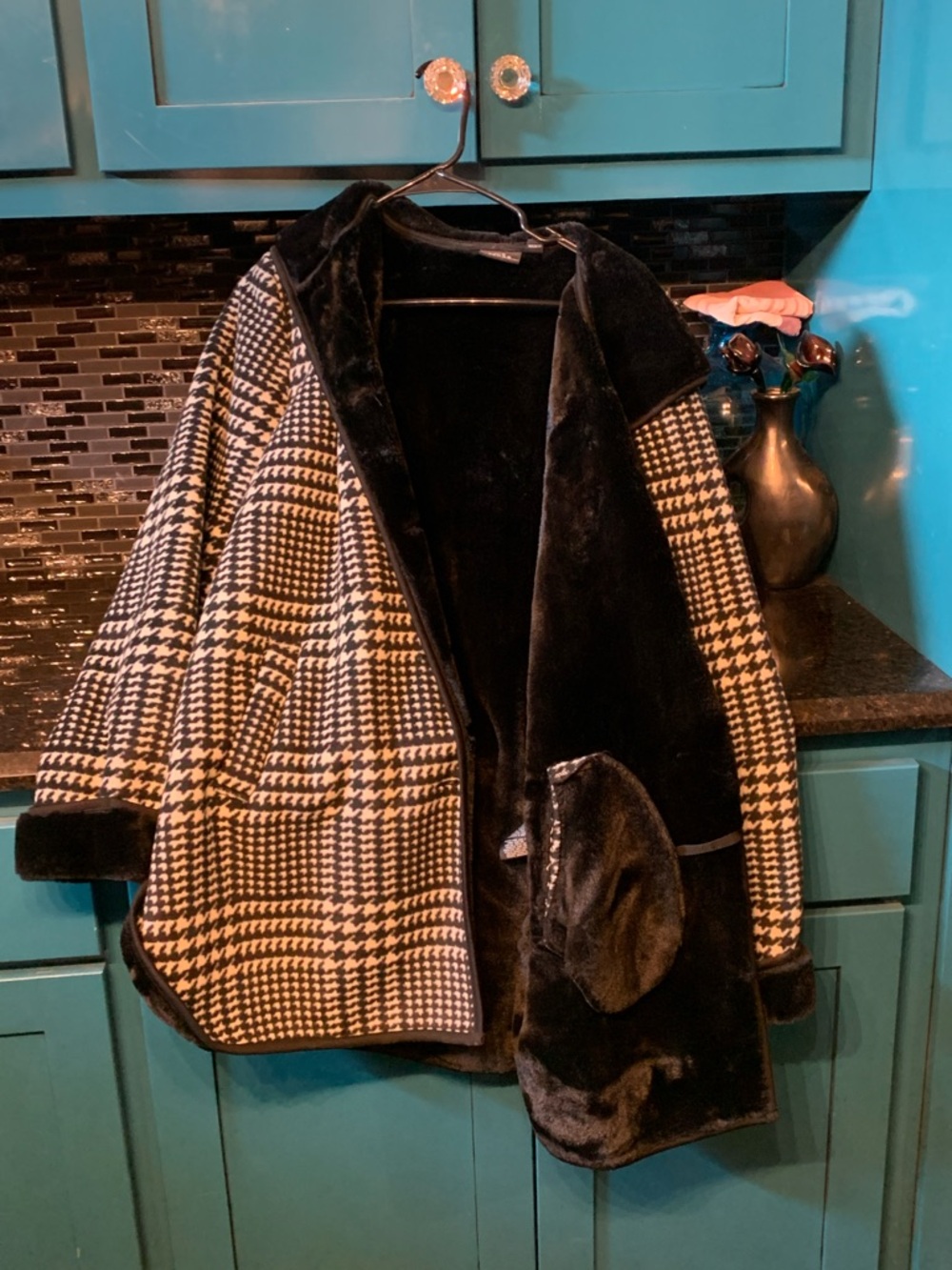 Ike Behar Black & Cream Houndstooth Faux Fur Pea Coat